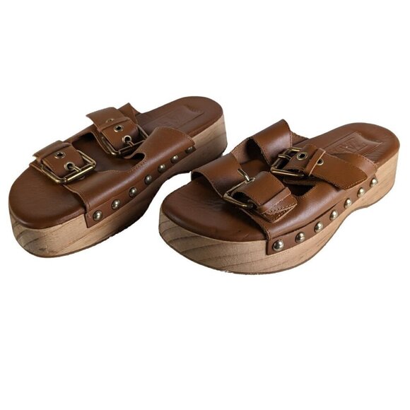 Zara Wood Platform Leather Buckle Slide Size 38 EUC - Picture 3 of 6